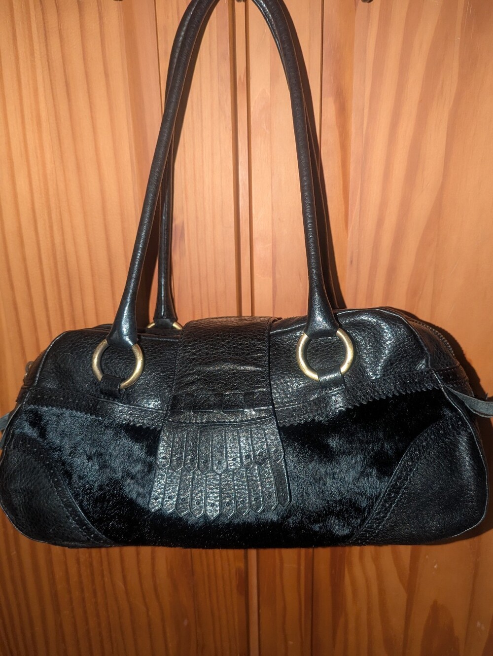 Via Spiga Black Mixed Leather & Pony Hair Barrel Shoulder Bag with Gold Rings